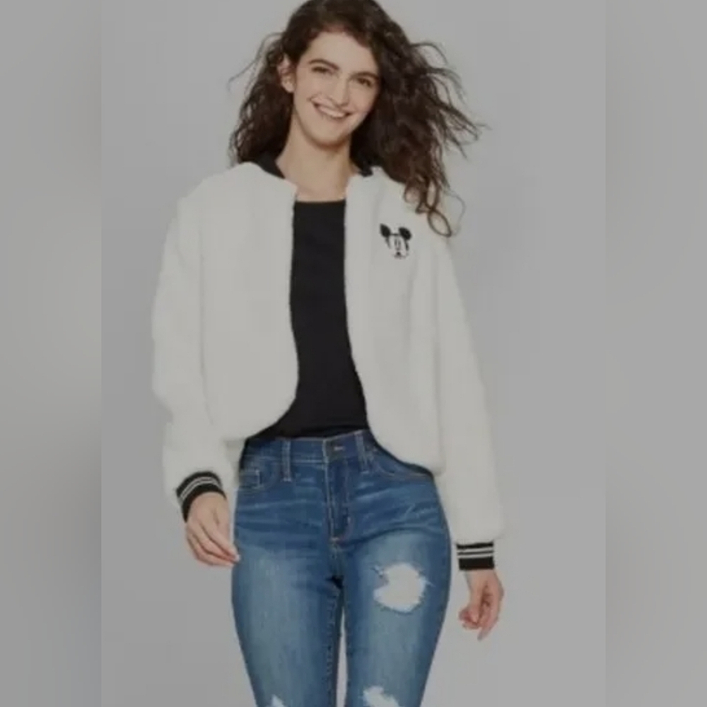 Disney Mickey Mouse 90th Anniversary Faux Fur White Bomber Jacket XL